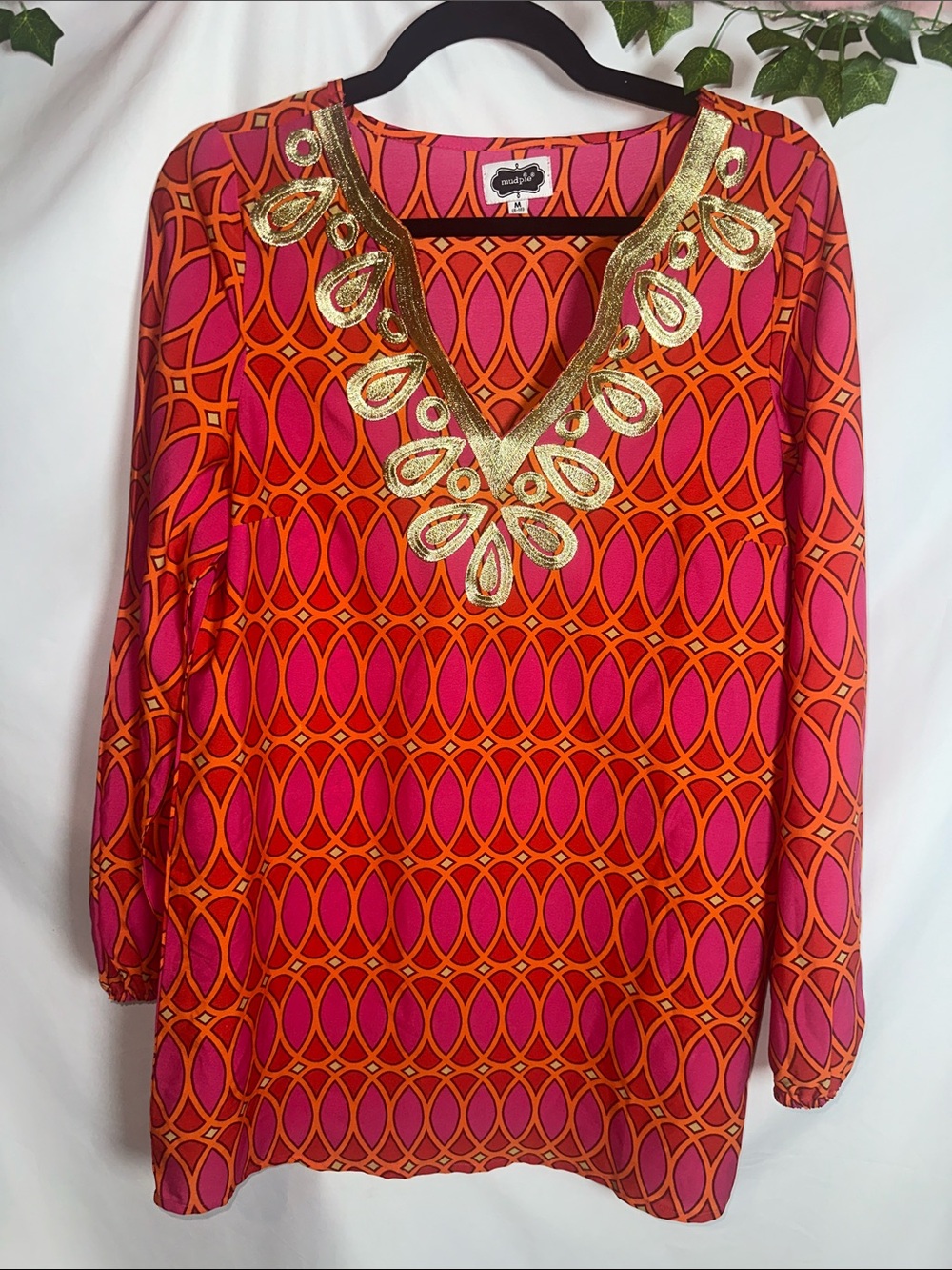 Mud Pie Pink and Orange Geometric V-Neck Tunic with Gold Embellishment